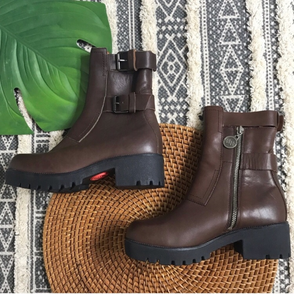 Double H Brown Leather Combat Buckle Ankle Boots